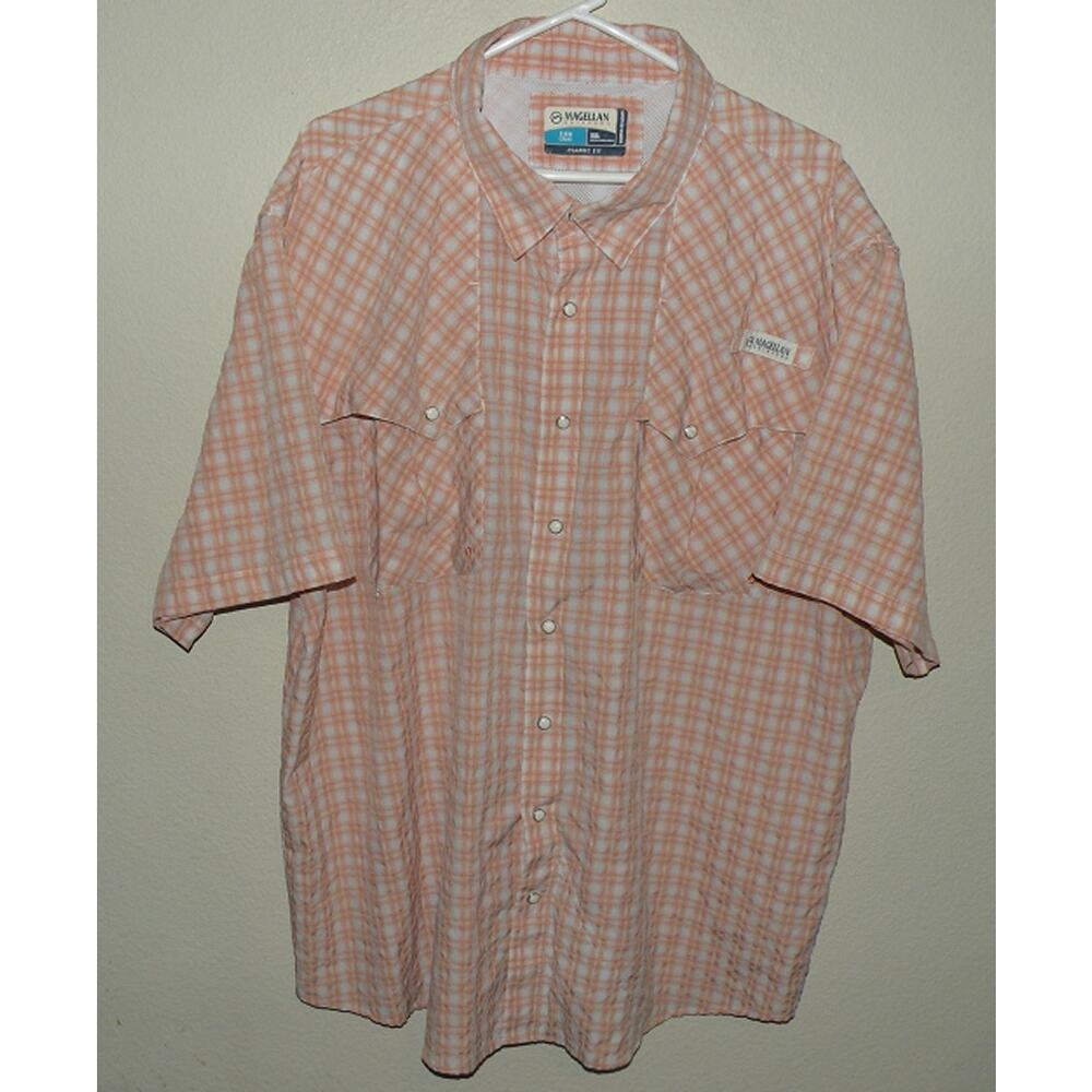 Magellan Outdoors Men’s 2XL SS Vented Snap Fishing Shirt Peach Seersucker Plaid